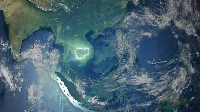 Realistic Earth Orbit and Zoom Glowing Borders Cambodia