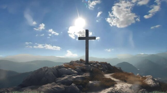 View of religious cross on mountain top with sky and clouds, seamless looping 4K video animation background