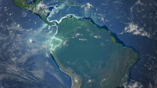 Realistic Earth Orbit and Zoom Glowing Borders Ecuador