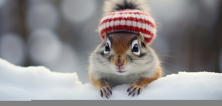 A charismatic chipmunk, in a stylish winter coat and a cute red stocking cap, discovers a cozy spot on a snow-covered rock,