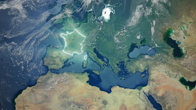 Realistic Earth Orbit and Zoom Glowing Borders France