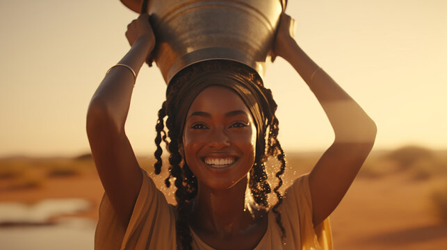 A young Sudanese woman, light-skinned, beautiful smile, carrying a bucket on her head. in Sudan amid drought But still maintains natural beauty