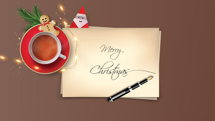 Top View of Merry Christmas lettering on paper sheet with inkpen. Realistic vector christmas object composition 