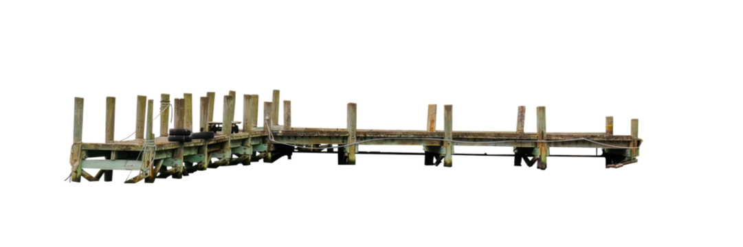 empty old wooden jetty bridge view taken from the sea