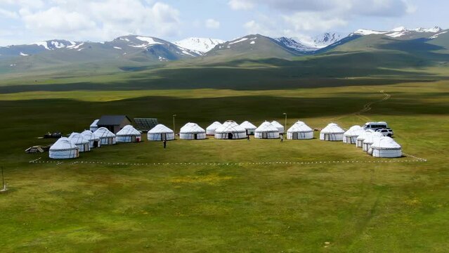 Nomadic yurt camp and snowy mountains on a meadow