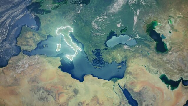 Realistic Earth Orbit and Zoom Glowing Borders Italy