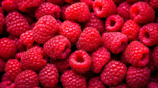 Fresh raspberries filling the entire frame, food background created with Generative Ai