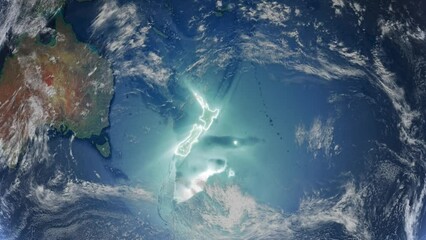 Realistic Earth Orbit and Zoom Glowing Borders New Zealand