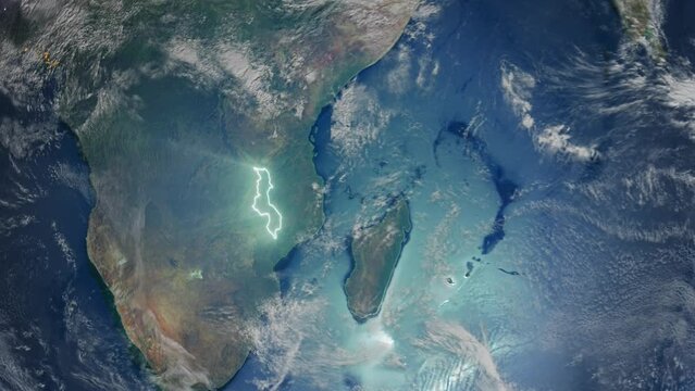 Realistic Earth Orbit and Zoom Glowing Borders Malawi