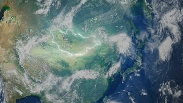 Realistic Earth Orbit and Zoom Glowing Borders Mongolia