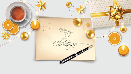 Top View of Merry Christmas lettering on paper sheet with inkpen. Realistic vector christmas object composition 