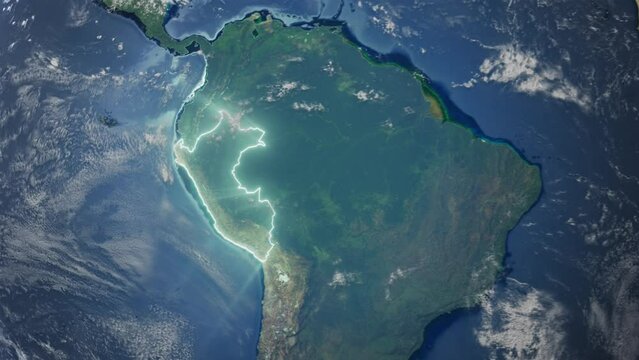 Realistic Earth Orbit and Zoom Glowing Borders Peru