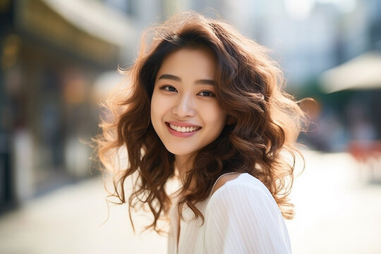 A pretty asian woman with curly hair