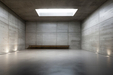 Minimalist architectural space in beige tones, characterized by a stark, concrete room. The room is bare, with raw concrete walls