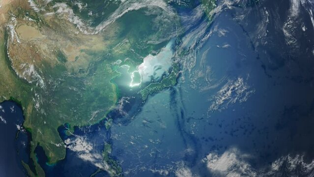 Realistic Earth Orbit and Zoom Glowing Borders South Korea