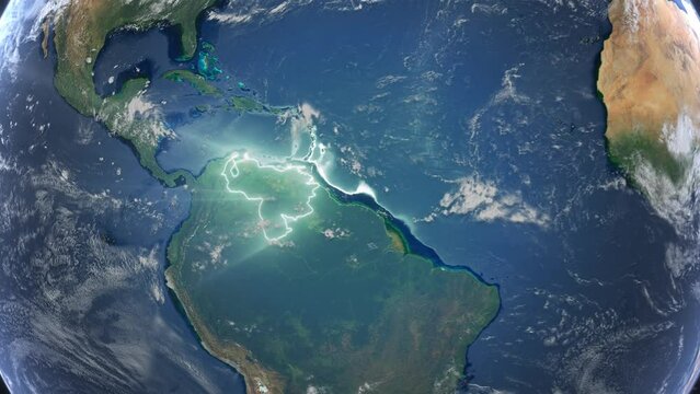 Realistic Earth Orbit and Zoom Glowing Borders Venezuela