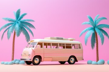 A pink and white bus parked in front of two palm trees