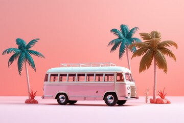 A pink and white bus parked next to two palm trees