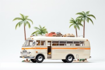 A white and orange bus with a surfboard on top of it