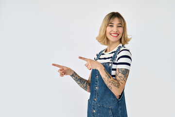 Happy pretty gen z blonde young woman, cute smiling hipster girl with short blond hair tattoos...