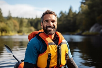 Medium shot portrait photography of a pleased man in his 30s that is wearing kayaking gear, life vest against kayaking on a serene lake background