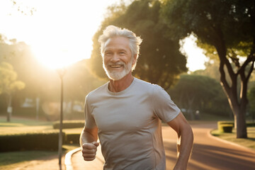 Medium shot portrait photography of a pleased man in his 70s that is wearing fitness attire, running shoes against jogging in a scenic park at dawn background