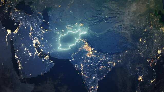 Realistic Earth Orbit and Zoom Glowing Borders Afghanistan