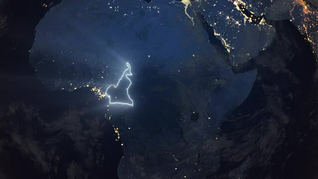 Realistic Earth Orbit and Zoom Glowing Borders Cameroon