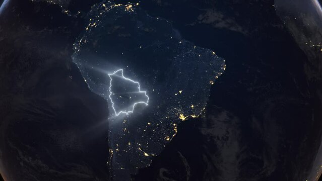 Realistic Earth Orbit and Zoom Glowing Borders Bolivia