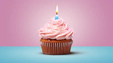 Birthday cupcake with a candle on a light pink background created with Generative Ai