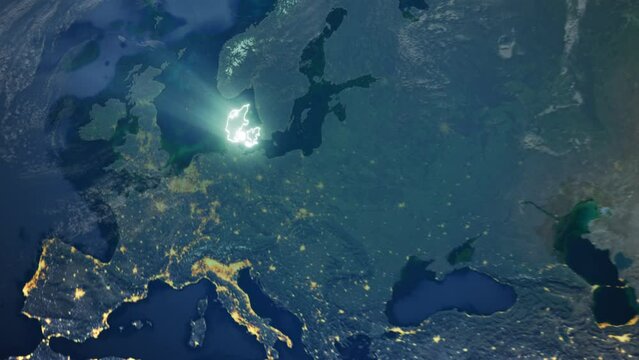 Realistic Earth Orbit and Zoom Glowing Borders Denmark