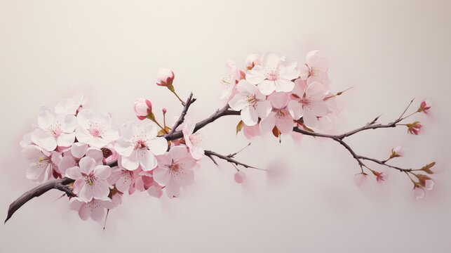 A solitary cherry blossom, soft pink and fragile, its details crisply rendered against a contrasting white canvas.