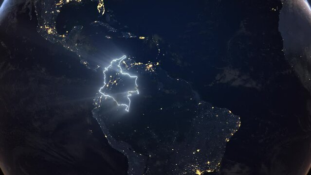 Realistic Earth Orbit and Zoom Glowing Borders Colombia