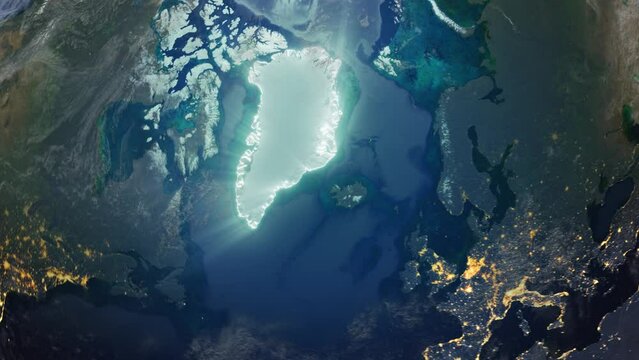 Realistic Earth Orbit and Zoom Glowing Borders Greenland