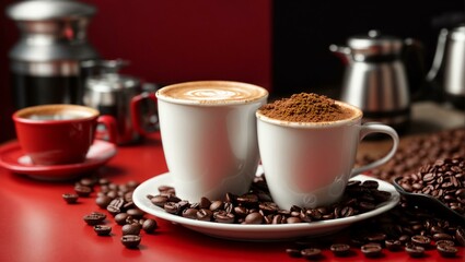 view of a white cup with coffee and coffee beans on a red background,