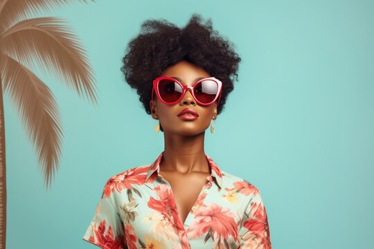 A woman wearing red sunglasses and a floral shirt