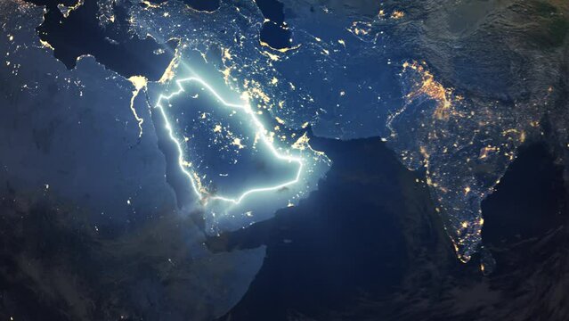 Realistic Earth Orbit and Zoom Glowing Borders Kingdom of Saudi Arabia