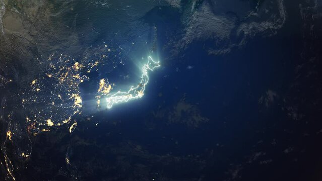 Realistic Earth Orbit and Zoom Glowing Borders Japan