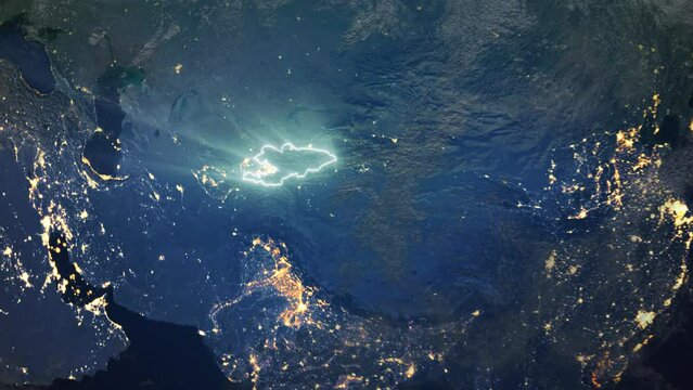 Realistic Earth Orbit and Zoom Glowing Borders Kyrgyzstan