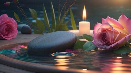Spa treatment aromatherapy with candles, Stones and flowers for relax wellness.