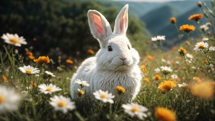 Fototapeta premium Cute white rabbit in a beautiful meadow with flowers
