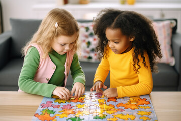 Side view of concentrated girls playing with puzzles at home