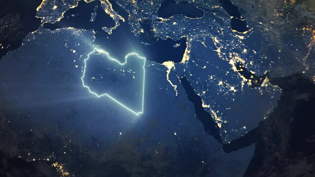 Realistic Earth Orbit and Zoom Glowing Borders Libya