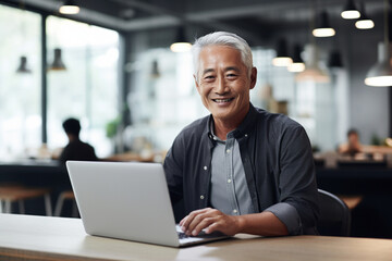Fototapeta na wymiar Surrounded by a minimalist, bright and calm office space, a 60-year-old Japanese man working on his laptop and grins at the camera