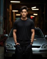 A man standing next to a car in a parking garage