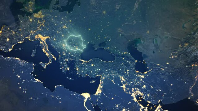 Realistic Earth Orbit and Zoom Glowing Borders Romania