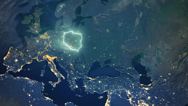 Realistic Earth Orbit and Zoom Glowing Borders Poland