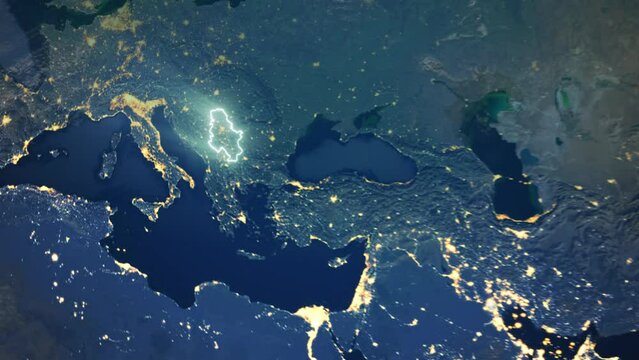 Realistic Earth Orbit and Zoom Glowing Borders Serbia