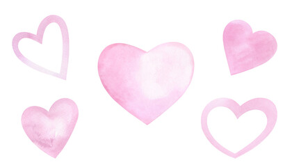 A set of soft pink watercolor hearts isolated on a white background, hand-drawn. A decorative element for a holiday, valentines, postcards, greetings, weddings. The texture of watercolor on paper.