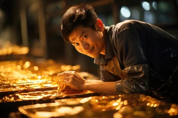 Schilderijen op glas An asian worker in a black shirt and some gold coins © pham